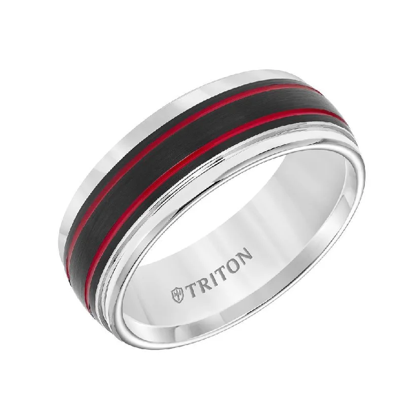 women's minimalist engagement ring-NIKITA White Tungsten Black Matte Center Red Dual Grooved Wedding Ring with Polished Round Edges by Triton Rings - 8mm