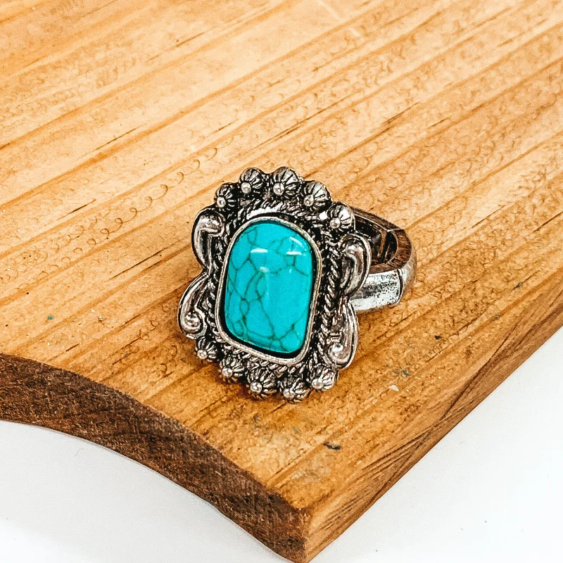 women's elegant ring-Western Rectangular Silver Tone Stretch Ring in Turquoise