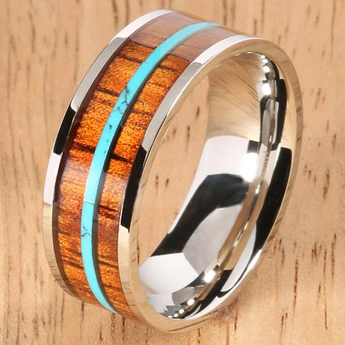 women's Hollywood-inspired engagement ring-8mm Natural Hawaiian Koa Wood and Turquoise Inlaid Stainless Steel Flat Wedding Ring