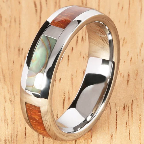 women's pave-setting engagement ring-6mm Natural Hawaiian Koa Wood and Abalone Inlaid Tungsten Block Wedding Ring