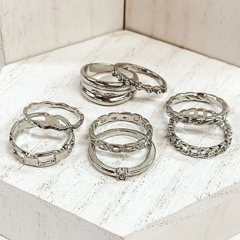 women's thin band ring-Set of 8 | Classic Chain and Crystal Ring Set in Silver Tone