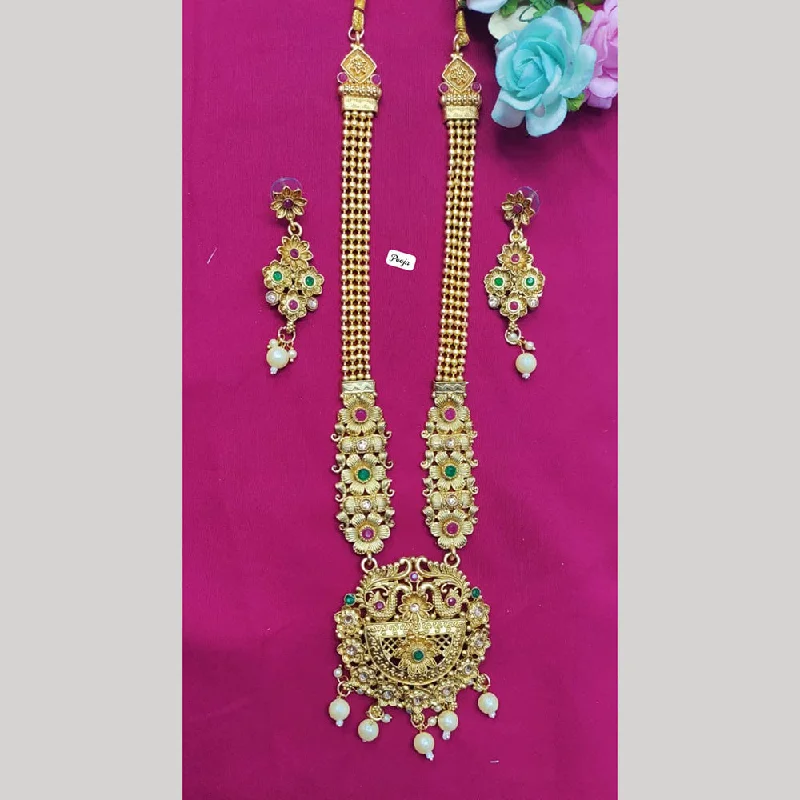 women's pear-shaped necklace-Pooja Bangles Gold Plated Pota Stone Long Necklace Set