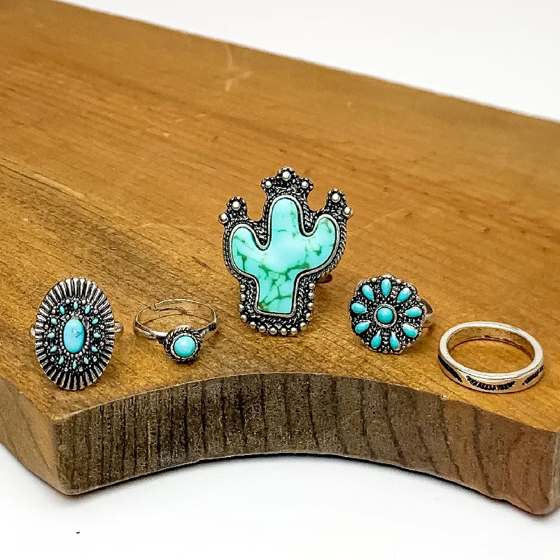 women's twisted ring-Set of 5 | Western Silver Tone Ring Set With Turquoise Stones