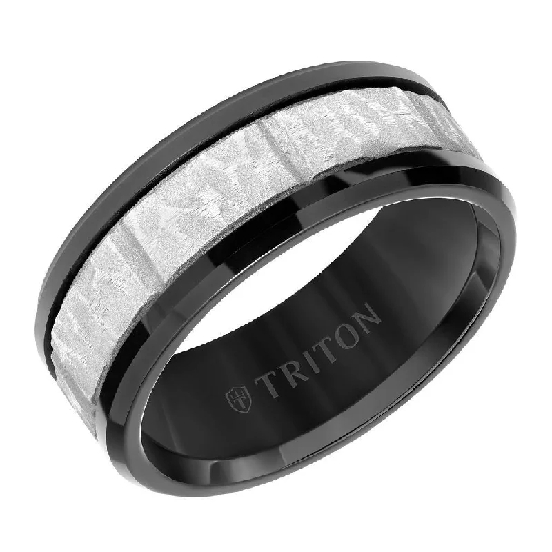 women's braided band engagement ring-WHIT Black Tungsten Sandblasted Hammered Grooved Center Wedding Ring with Polished Beveled Edges by Triton Rings - 9mm