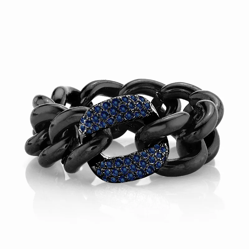 women's thin band ring-BLUE SAPPHIRE  & BLACK CERAMIC MEDIUM LINK RING