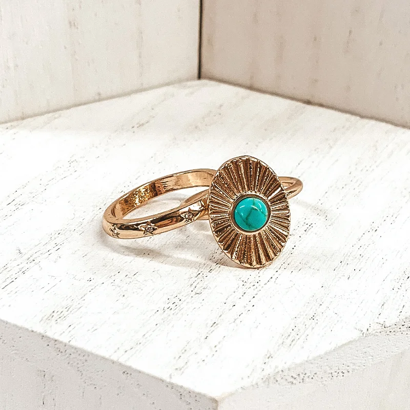 women's tension setting ring-Set of 2 | Oval Shaped Sunburst Gold Tone Ring Set with Center Stone in Turquoise