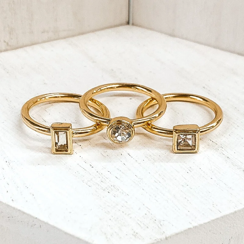 women's infinity ring-Set of 3 | Plain Gold Tone Rings with Clear Crystals