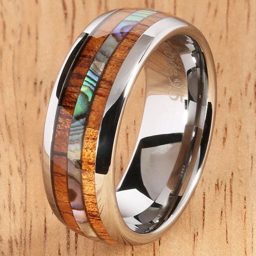 women's royal engagement ring-Koa Wood Abalone Tungsten Two Tone Wedding Ring Central Abalone 8mm