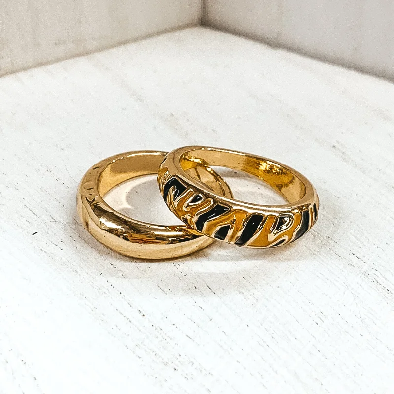 women's solitaire ring-Set of 2 | Thick Gold Tone Ring Set Tiger Print in Tan