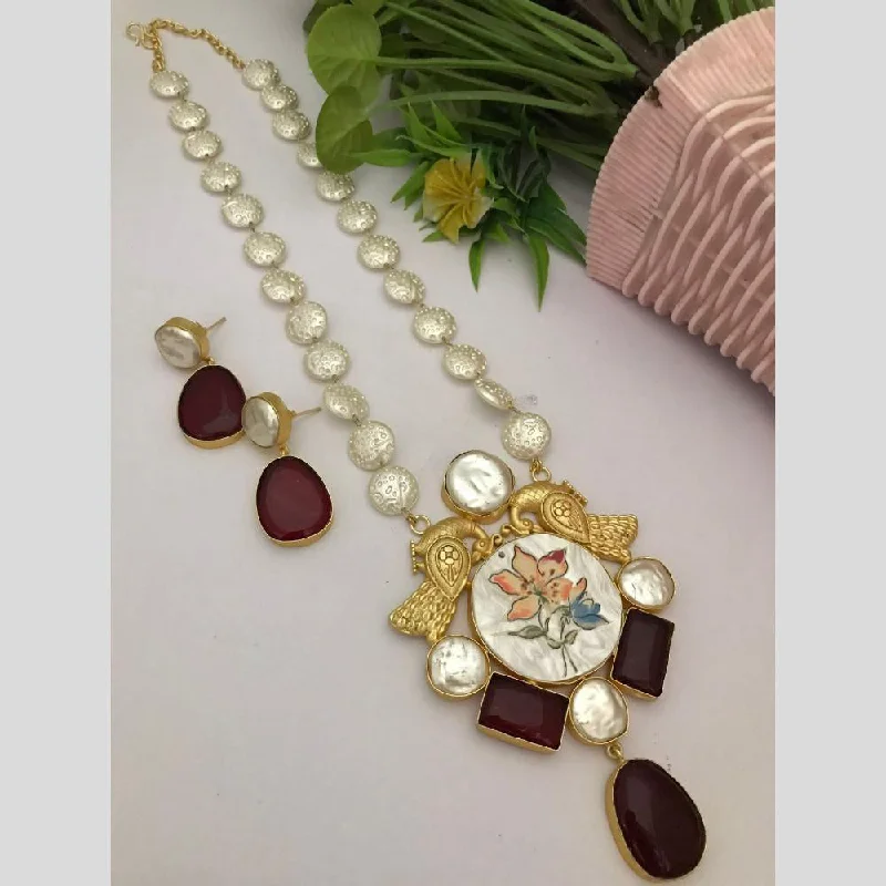 women's emerald necklace-FS Collection Gold Plated Mother Of Pearl Necklace Set