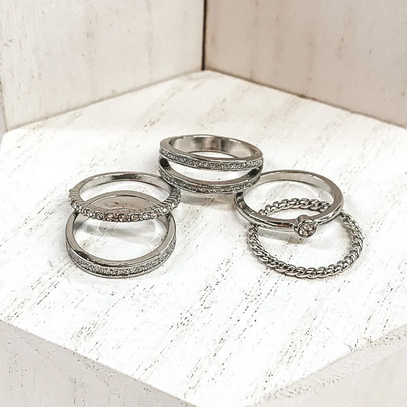 women's wide band ring-Set of 5 | Crystalized Ring Set in Silver Tone