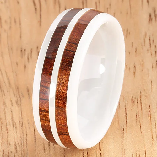 women's radiant-cut engagement ring-8mm Natural Hawaiian Koa Wood Inlaid High Tech White Ceramic Double Row Wedding Ring