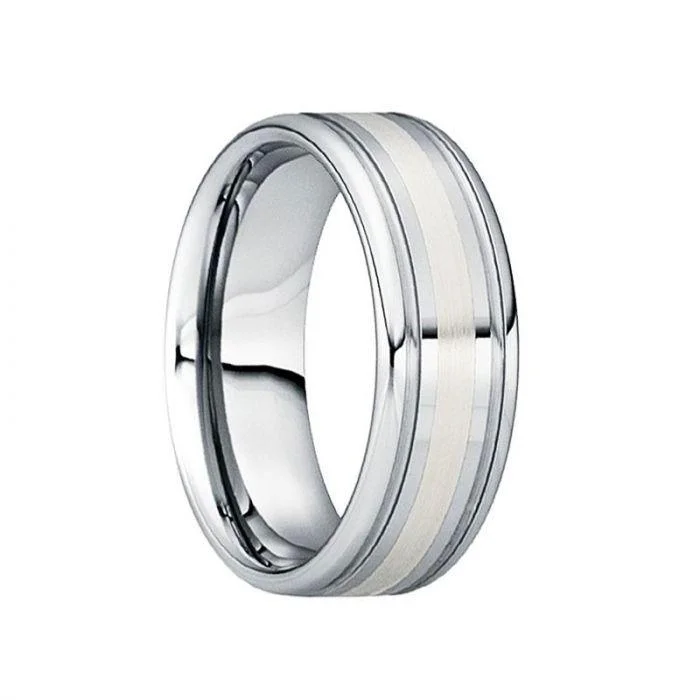 women's bohemian engagement ring-CAIUS Tungsten Wedding Ring with 18K White Gold Inlay & Dual Groove Edges - 8mm