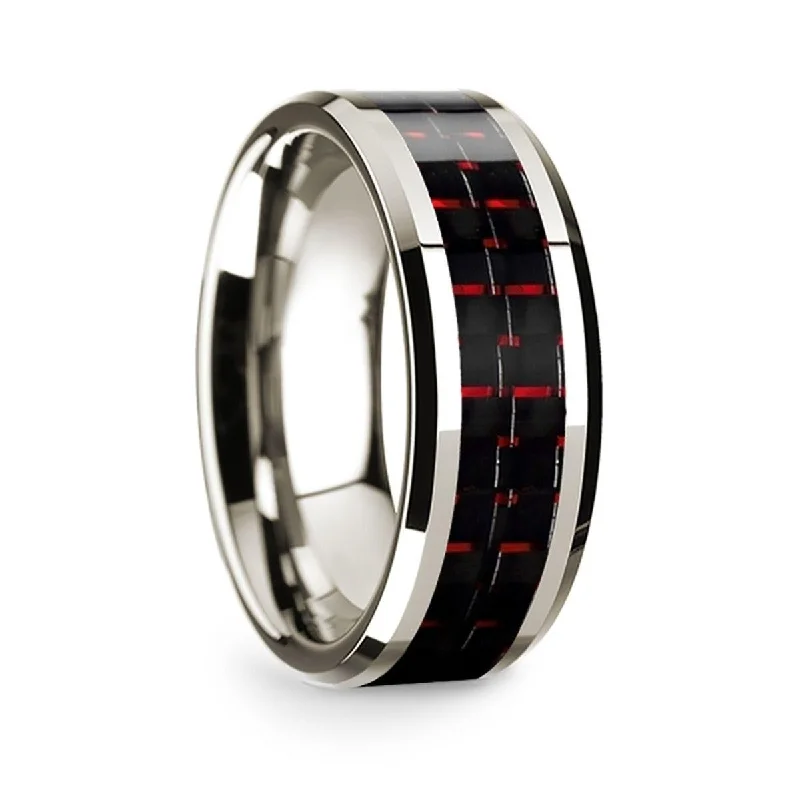 women's fair trade engagement ring-14k White Gold Polished Beveled Edges Wedding Ring with Black and Red Carbon Fiber Inlay - 8 mm