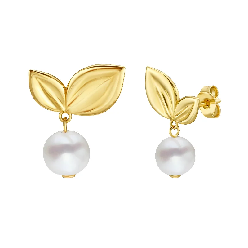 women's thin band ring-14K Cherry Leaf & Pearl Drop Studs