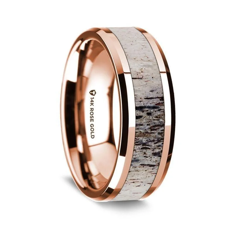 women's royal engagement ring-14K Rose Gold Polished Beveled Edges Wedding Ring with Ombre Deer Antler Inlay - 8 mm