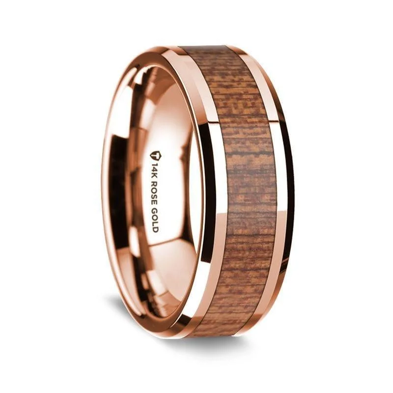 women's petite engagement ring-14K Rose Gold Polished Beveled Edges Wedding Ring with Sapele Inlay - 8 mm