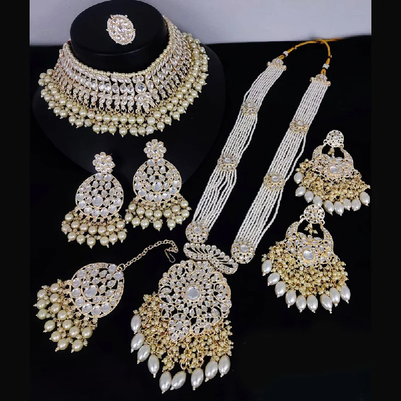 women's handcrafted necklace-Lucentarts Jewellery Gold Plated Kundan And Pearl Long Double Necklace Set