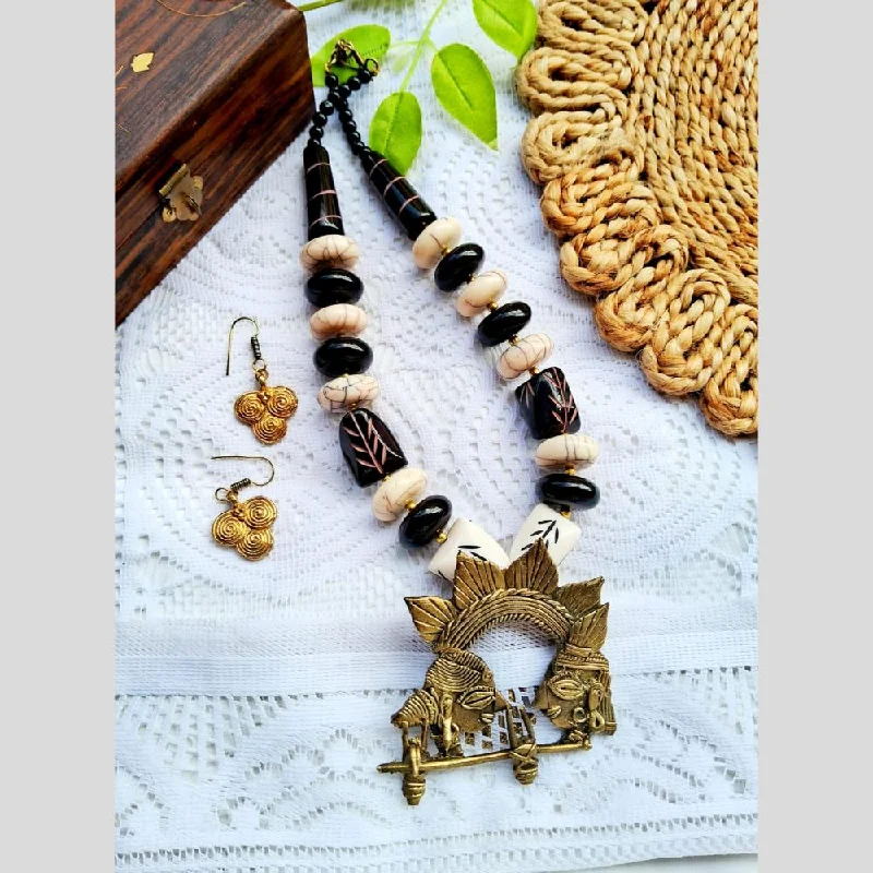 women's spiritual necklace-FS Collection Oxidised Gold Plated Beads Necklace Set