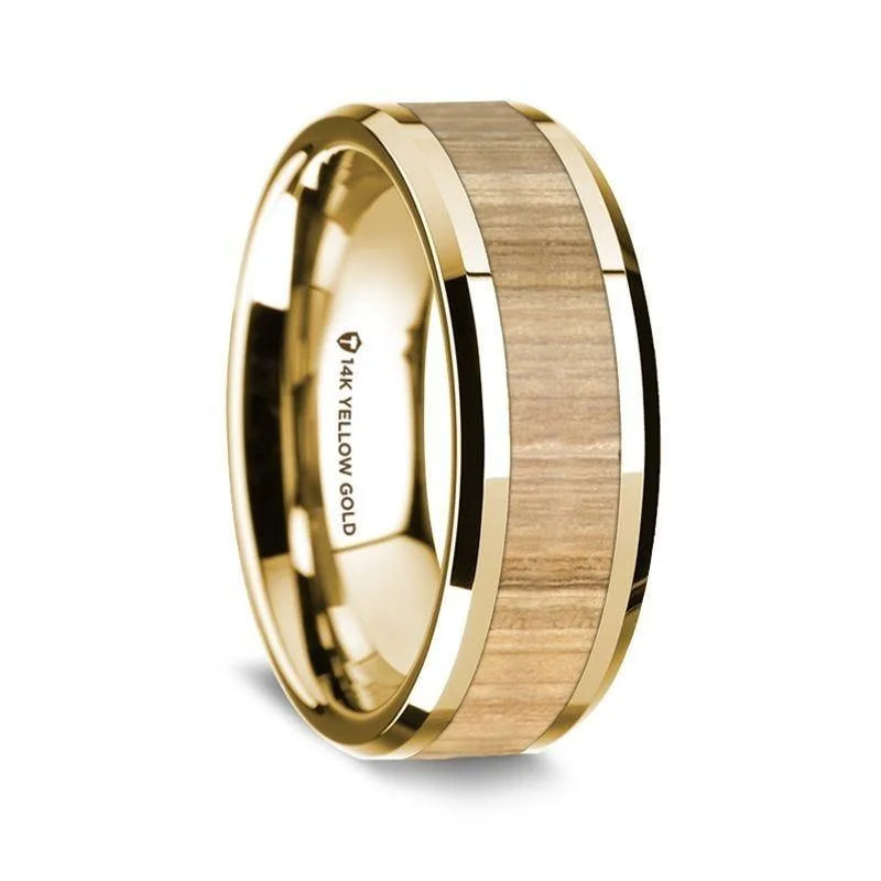 women's solitaire engagement ring-14K Yellow Gold Polished Beveled Edges Wedding Ring Ash Wood Inlay - 8 mm