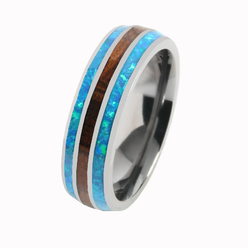 women's matching band engagement ring-Tantalum with Blue Opal and Koa Wood Inlaid Wedding Ring Barrel 6mm