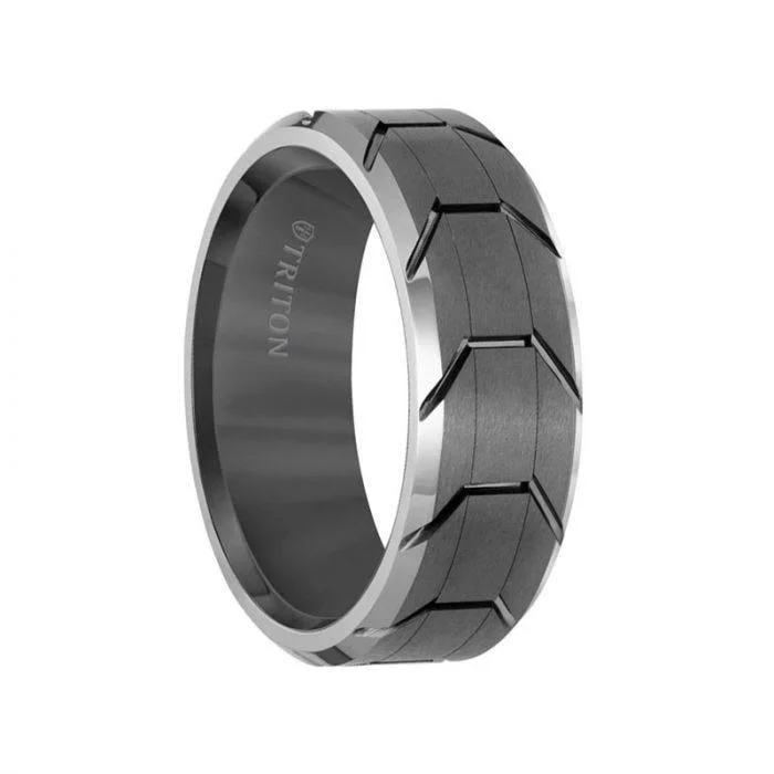 women's unique engagement ring-JAGGER Grey Tungsten Wedding Ring with Grooved Tire Tread Pattern & Polished Beveled Edges by Triton Rings - 8mm