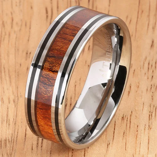 women's antique engagement ring-8mm Natural Hawaiian Koa Wood Inlaid Tungsten Double Line Wedding Ring