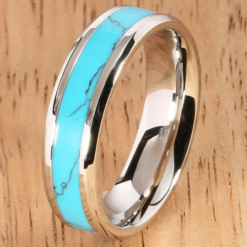 women's stackable engagement ring-6mm Turquoise Ring Stainless Steel Made Beveled Edge Wedding Ring