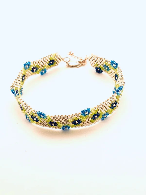 women's birthday gift necklace-Beaded Garland Bracelet, Silver with Blue Flowers