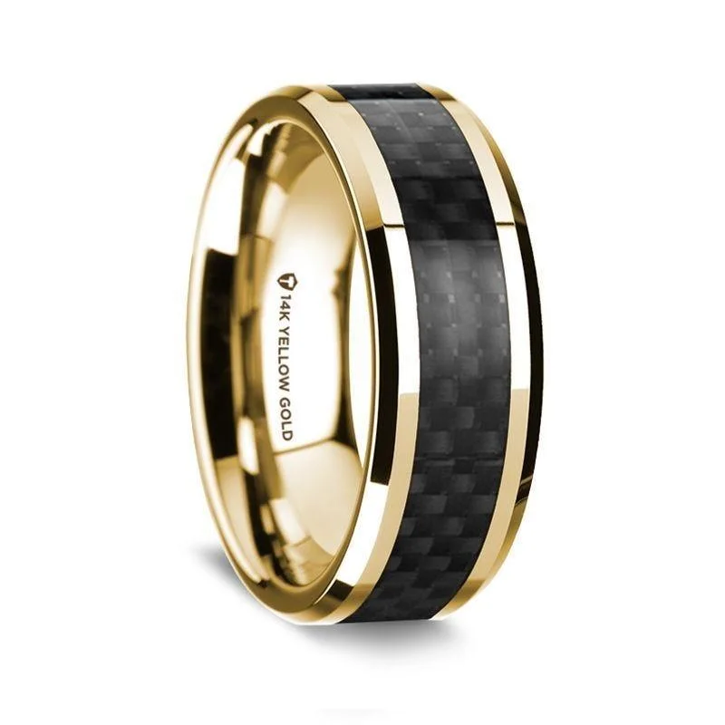 women's museum-quality engagement ring-14K Yellow Gold Polished Beveled Edges Wedding Ring with Black Carbon Fiber Inlay - 8 mm