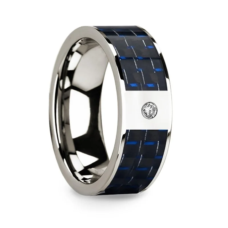 women's moissanite engagement ring-Diamond Center 14k White Gold Men’s Wedding Ring with Blue & Black Carbon Fiber Inlay - 8mm