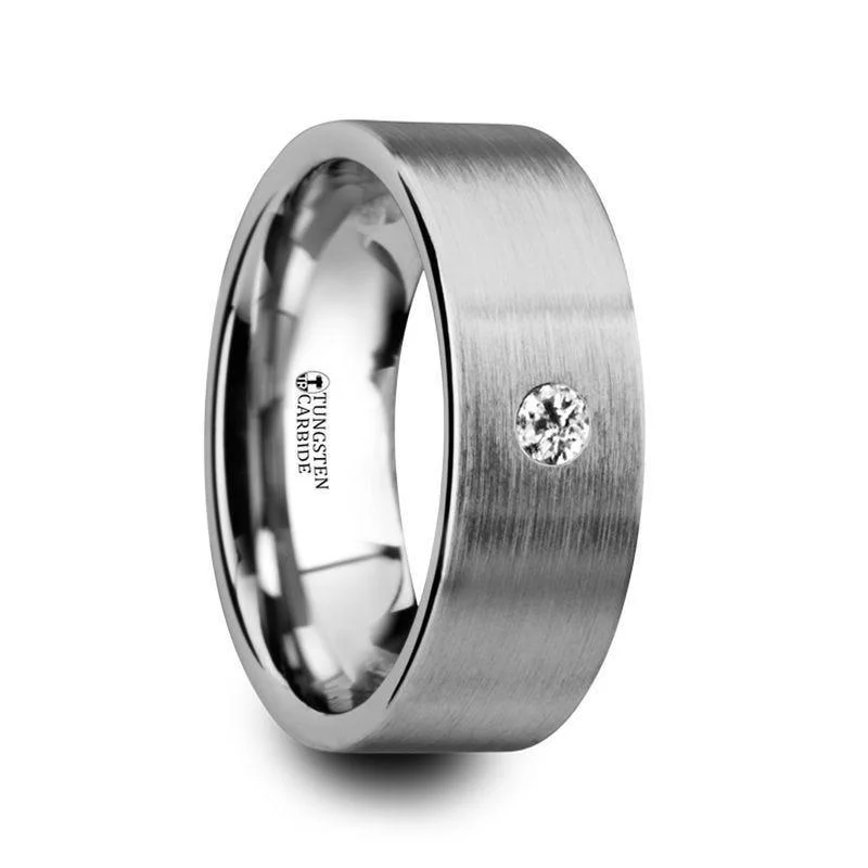 women's elegant engagement ring-OLYMPUS Brushed and Flat Tungsten Carbide Wedding Ring with White Diamond - 6mm & 8mm