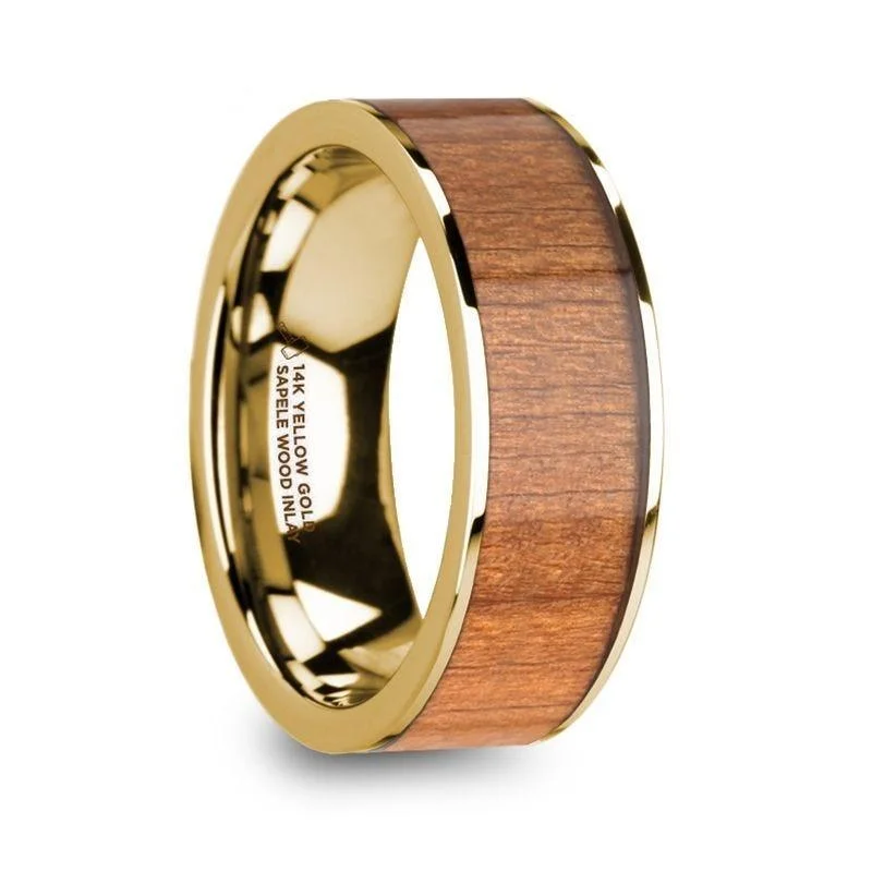 women's art deco engagement ring-SPIRO Men’s Polished 14k Yellow Gold Flat Wedding Ring with Sapele Wood Inlay - 8mm