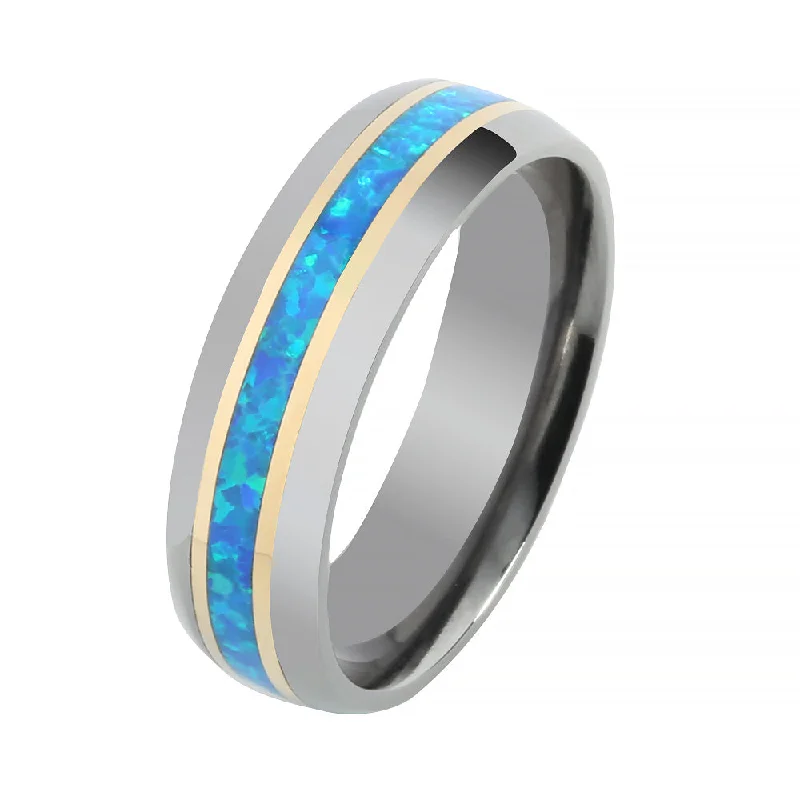 women's monogram engagement ring-Tantalum with 14K Yellow Gold and Blue Opal Inlaid Wedding Ring Barrel 6mm