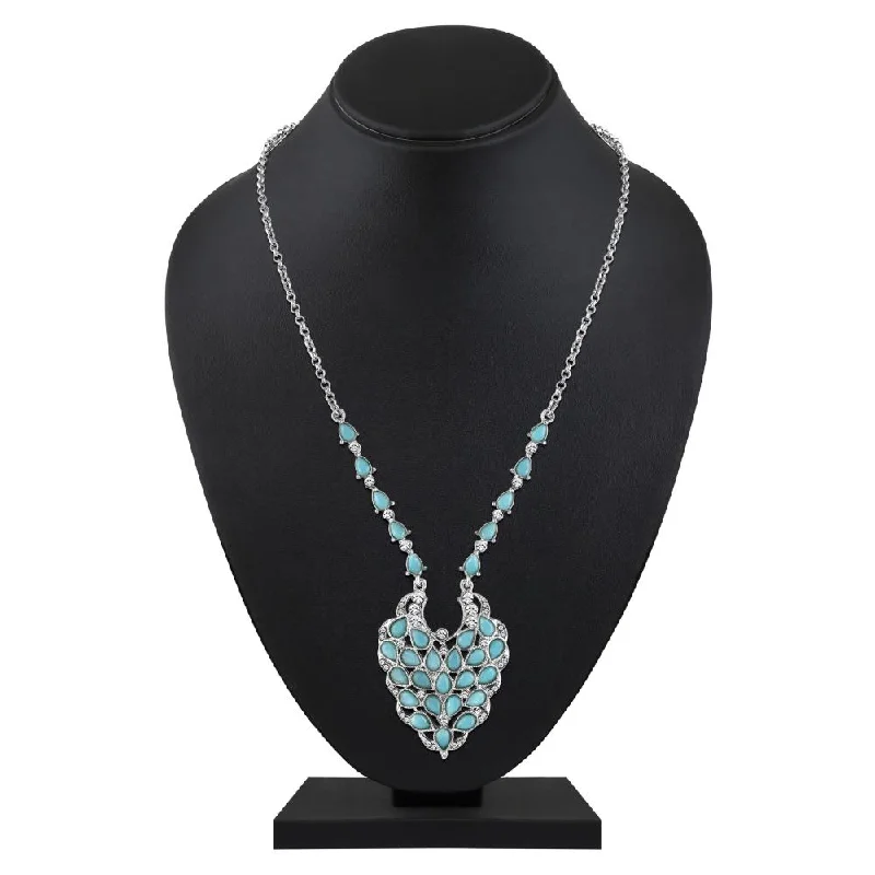 women's romantic necklace-Mahi Peacock Feather-Shaped Necklace with Blue Crystals for Women (PS1101917R)