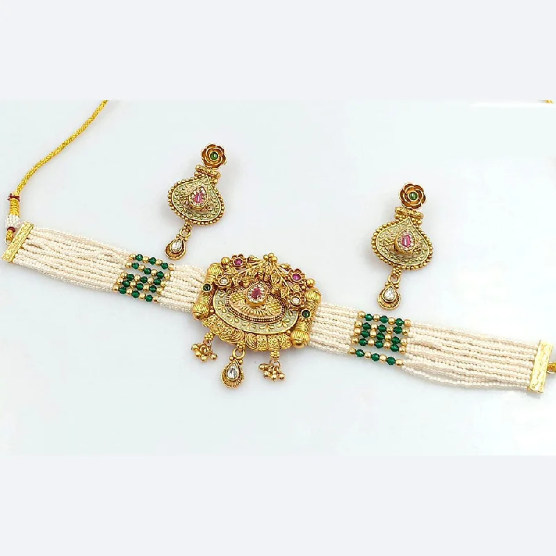 women's bohemian necklace-Rani Sati Jewels Gold Plated Kundan And Pearl Choker Necklace Set