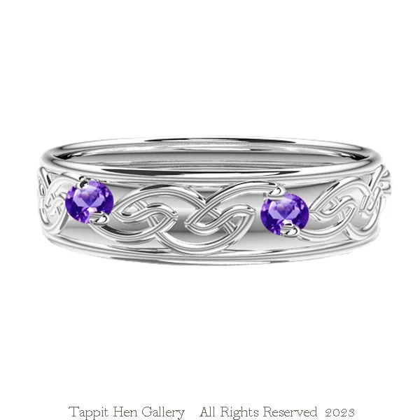 women's handcrafted gemstone engagement ring-CELTIC FLOW EDINBURGH AMETHYST WEDDING RING IN WHITE GOLD