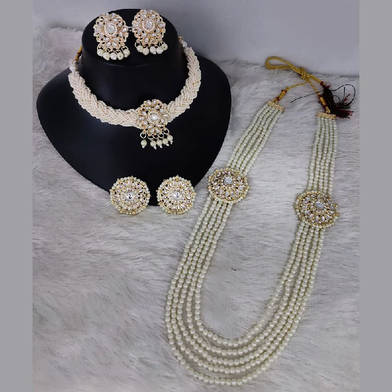 women's vintage necklace-Lucentarts Jewellery Gold Plated Kundan And Pearl Long Double Necklace Set