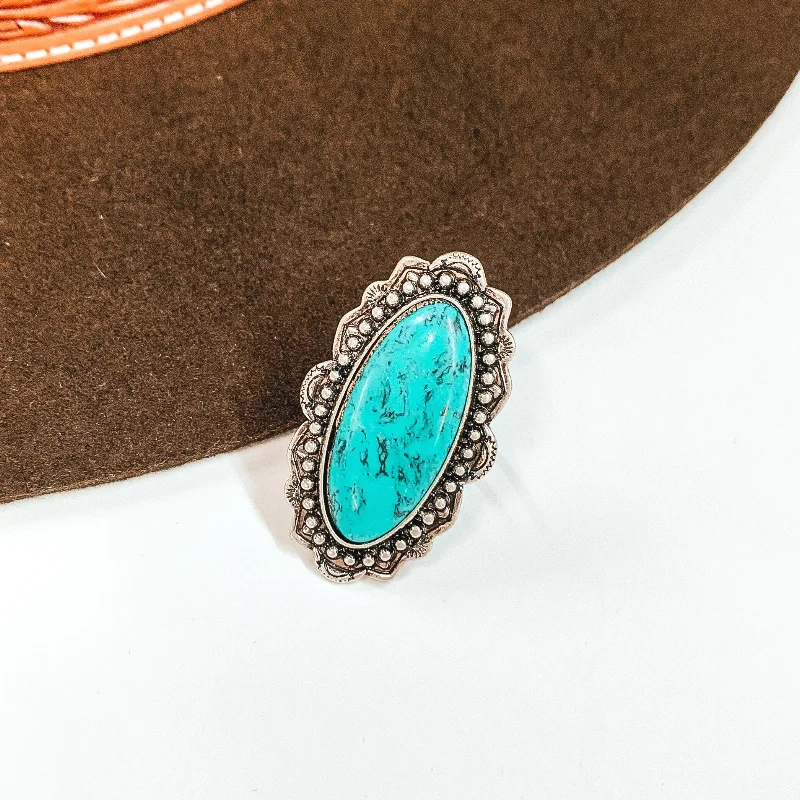 women's promise ring-Oval Stone with Silver Tone Detailing Cuff Ring in Turquoise