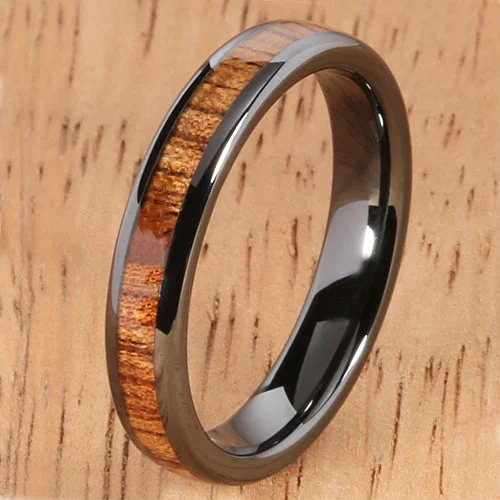 women's silver engagement ring-4mm Natural Hawaiian Koa Wood Inlaid High Tech Black Ceramic Oval Wedding Ring