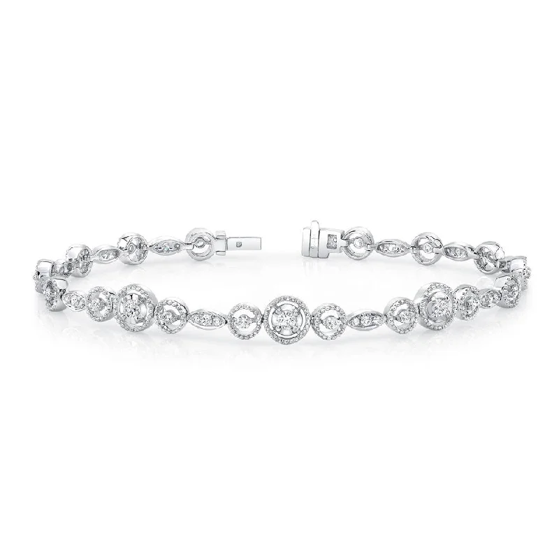 women's romantic necklace-Uneek Round Diamond Bracelet with Mixed-Size Round Bead Milgrain Floating Halo Details and Navette-Shaped Accent Clusters