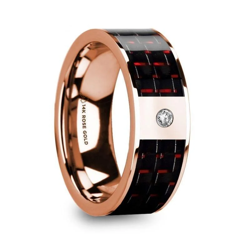 women's ethically sourced engagement ring-KLEMENIS Men’s 14k Rose Gold Flat Wedding Ring with Red & Black Carbon Fiber Inlay & Diamond - 8mm