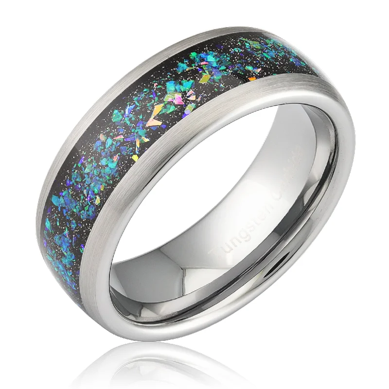 women's three-stone engagement ring-100S JEWELRY Tungsten Wedding Ring for Men Women Opal Inlay Silver Band Comfort Fit Size 6-16