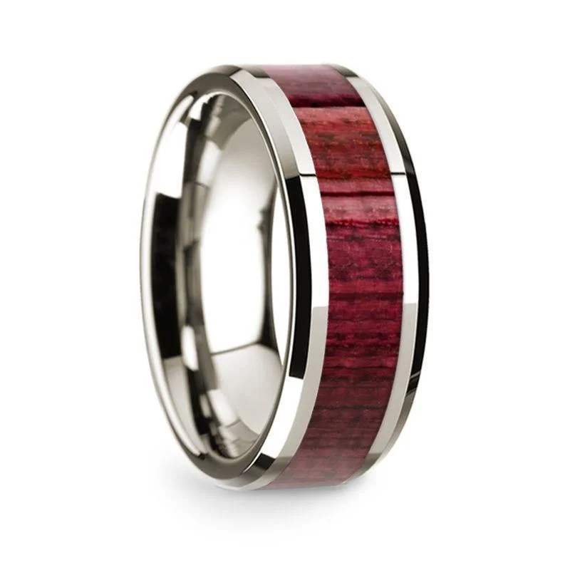 women's eternity engagement ring-14k White Gold Polished Beveled Edges Wedding Ring with Purpleheart Wood Inlay - 8 mm