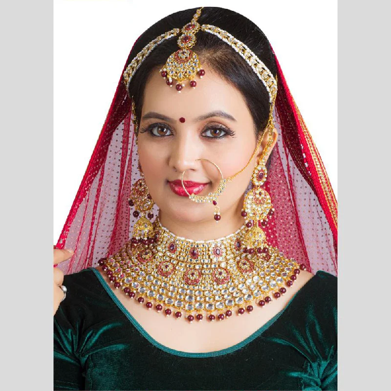 women's gemstone necklace-Neetu Art Gold Plated Kundan Stone And Beads Semi Bridal Necklace Set