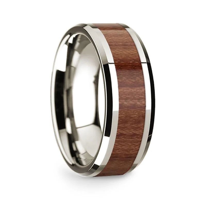 women's wedding set engagement ring-14k White Gold Polished Beveled Edges Wedding Ring with Rosewood Inlay - 8 mm