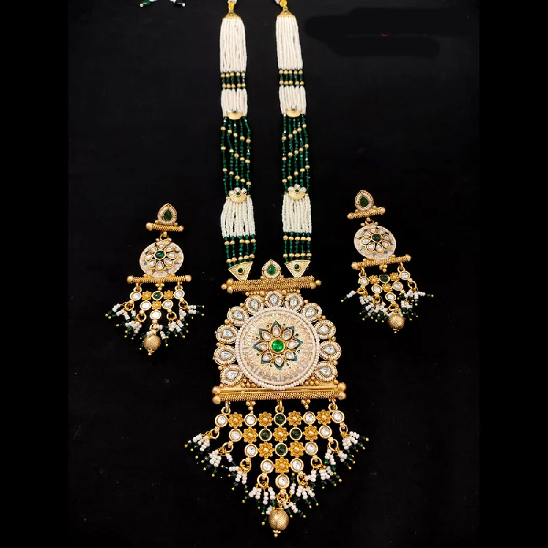 women's square necklace-Lucentarts Jewellery Gold Plated Kundan And Pearl Long Necklace Set