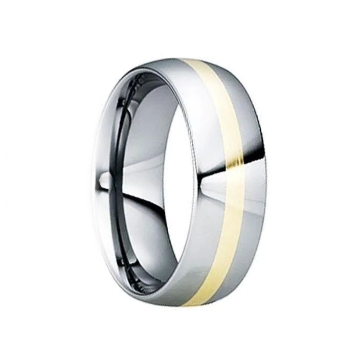 women's thin band engagement ring-EGNATIUS Tungsten Carbide Wedding Ring with 18K Yellow Gold Inlay & Polished Finish - 8mm