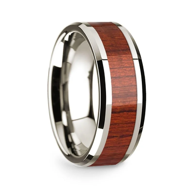 women's pre-engagement ring-14k White Gold Polished Beveled Edges Wedding Ring with Padauk Inlay - 8 mm