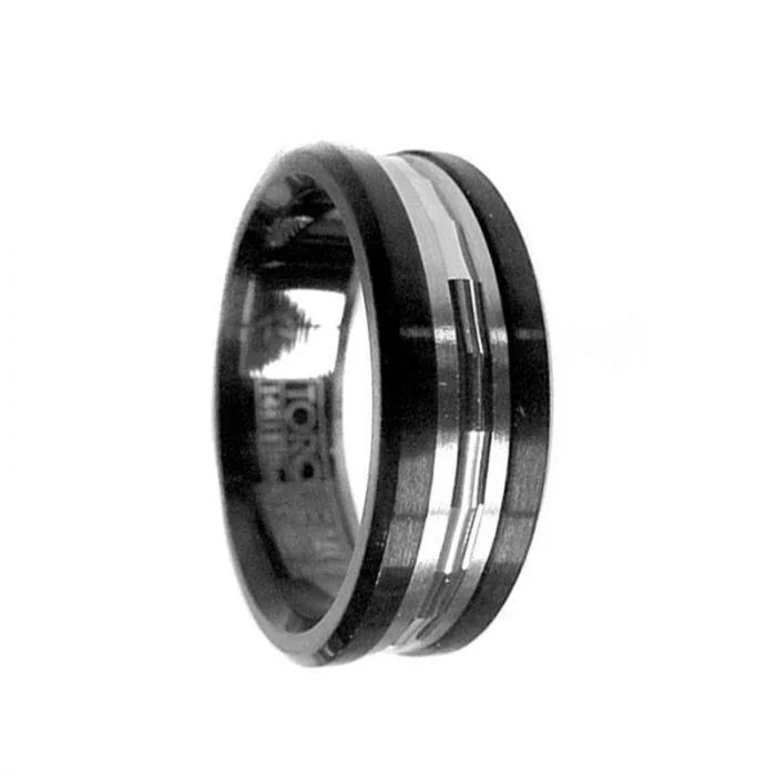 women's twisted band engagement ring-Grooved 14k White Gold Inlaid Black Cobalt Men’s Wedding Ring - 7.5mm